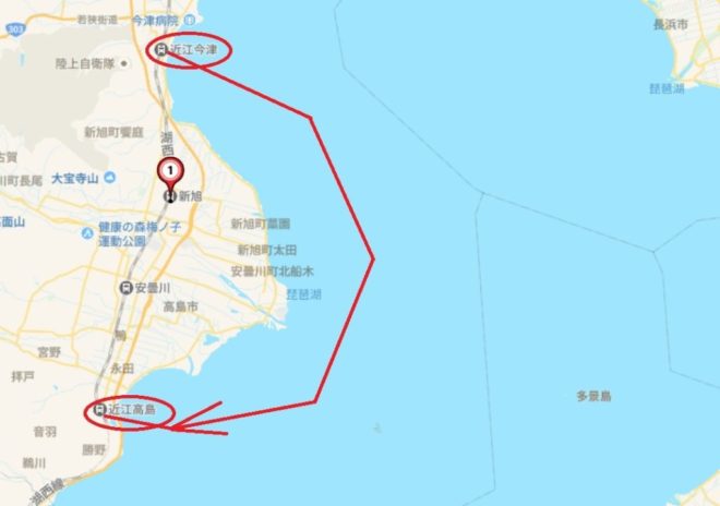 図３．カヤック一人旅：２日目ルート図：近江今津→近江高島