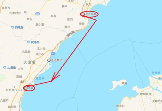 図４．カヤック一人旅：３日目ルート図：近江高島→志賀