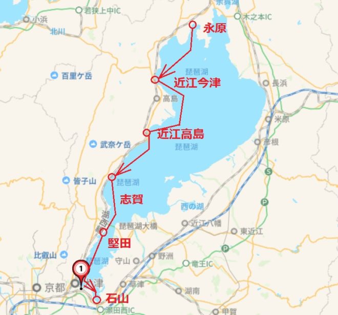 図１．カヤック一人旅：琵琶湖縦断ルート図