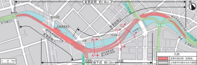 図６．首都高速道路地下化案平面図：
日本橋周辺
