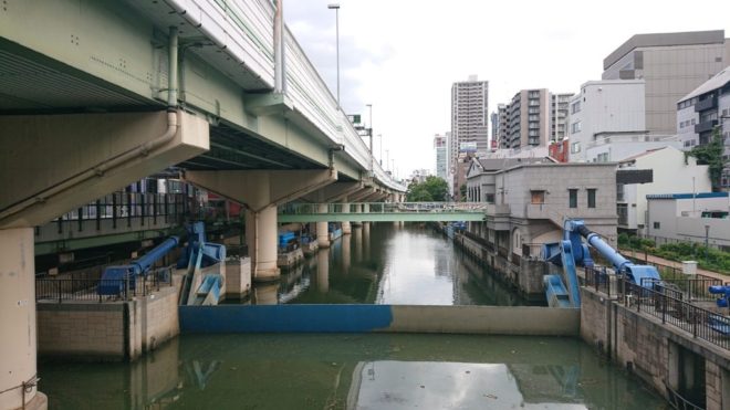 写真15．高麗橋から下流側を臨む：見えるのは東横堀川水門