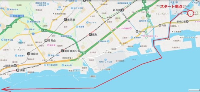 図４．カヤック一人旅：12日目スタート地点：兵庫運河　→　須磨海釣り公園